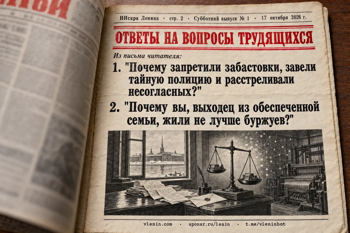 Первая полоса выпуска № 1: Забастовки, ЧК и обеспеченная семья: Ленин отвечает на самое неудобное письмо